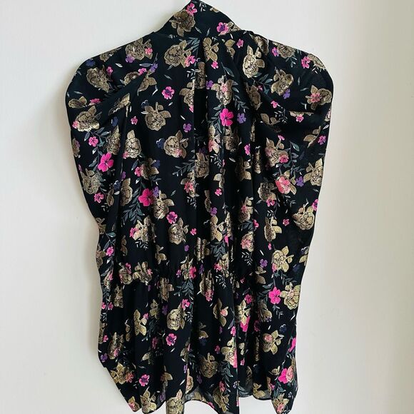 ZARA Metallic‎ Shimmer Tie Neck Blouse Small Gold Floral Statement - Picture 13 of 15